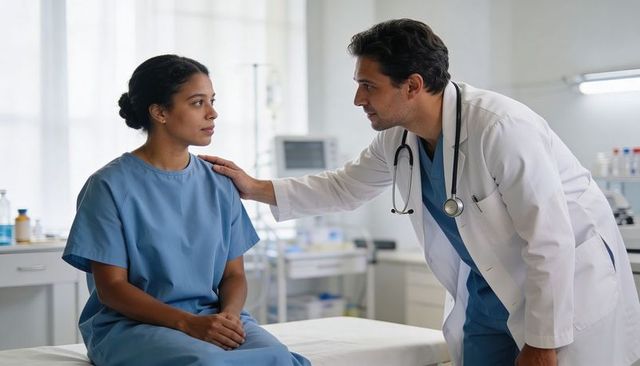 Doctor placing hand on patient shoulder during compassionate clinical consultation