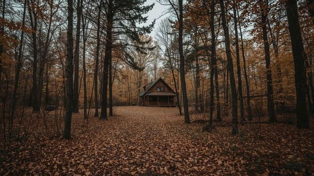 Rustic Cabin in Tranquil Autumnal Forest Clearing