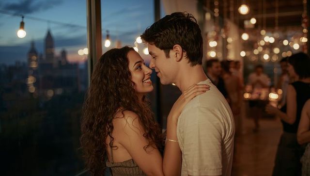 Couple sharing intimate rooftop embrace at upscale lounge with city skyline at twilight