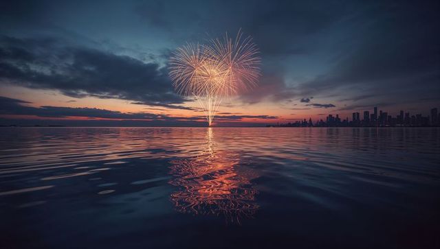 Golden fireworks reflecting on city waterfront at dusk