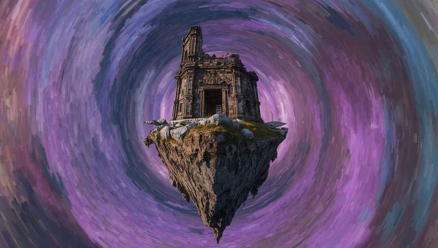 Floating temple on suspended rock in swirling cosmic vortex