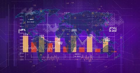 Holographic global analytics dashboard featuring bar and line charts over purple grid