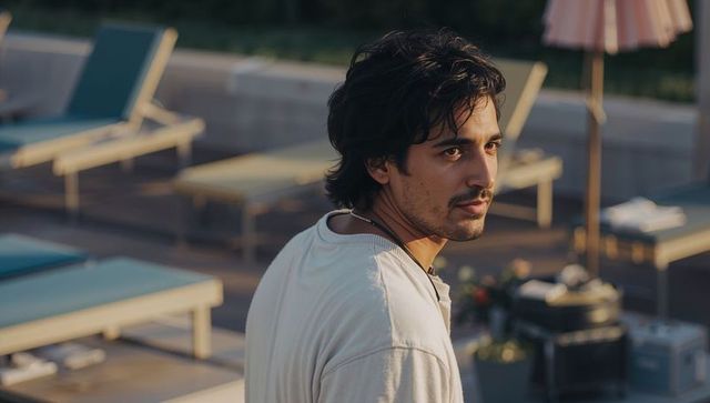 Contemplative young man looking back on sunlit pool deck during golden hour