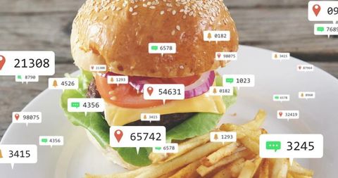 Gourmet cheeseburger with sesame bun and fries featuring social media location badges