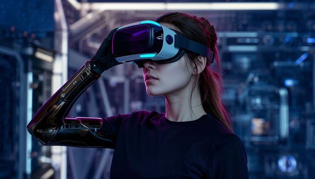 Woman wearing vr headset with cybernetic prosthetic arm exploring futuristic robotics lab