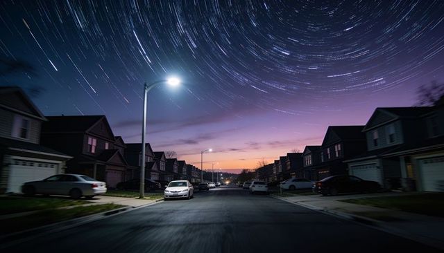 Suburban street glowing under lampposts at dusk with circular star trails and parked cars
