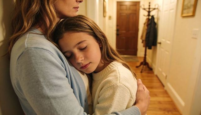 Mother embracing daughter in hallway showing tender family bond and comforting warmth