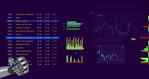 Futuristic data analysis interface with robotic arm and graphs