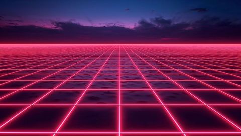 Glowing magenta neon grid receding to horizon on reflective retro synthwave futuristic plane
