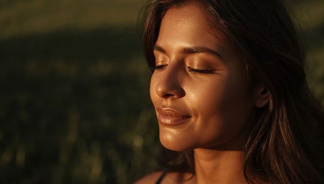 Woman basking in golden sunlight with glowing gold makeup closeup serene expression