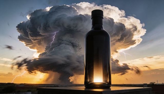Backlit dark glass bottle framing dramatic thunderstorm and lightning at sunset
