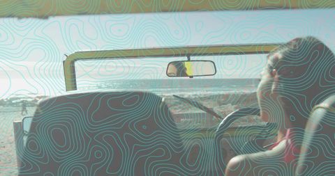 Gazing woman in convertible facing ocean horizon, sunlit coastline, leisure road trip vibe