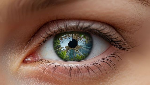 Macro human eye reflecting city skyline in iris, urban vision concept