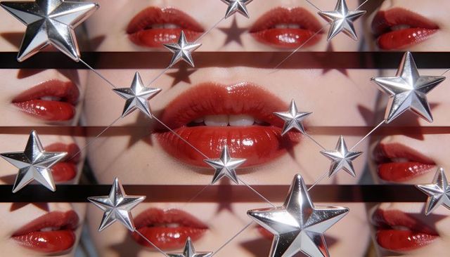 Glossy red lips collage with reflective silver stars and bold graphic stripes