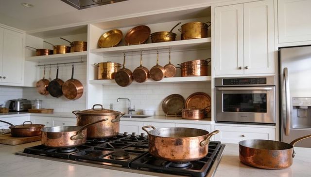Vintage copper cookware collection displayed on gas cooktop in modern white kitchen