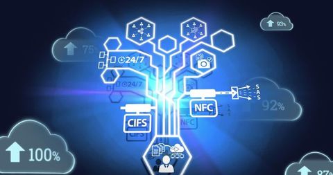 High-tech network with digital interface and cloud connections