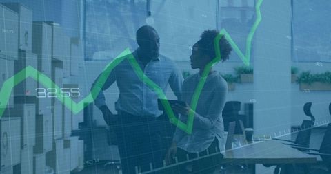 Business Professionals Discussing Data Trends with Graph Overlay