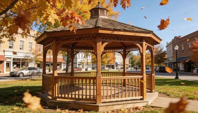 Autumn wooden gazebo on small town green with falling leaves and historic main street