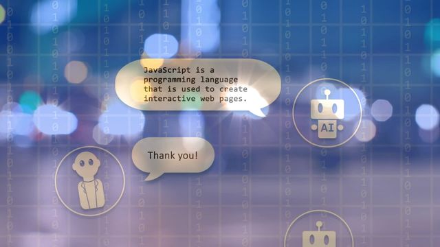 Digital visualization shows robots discussing technology topics. Suitable for articles on AI, programming languages, automation in customer service, tech innovations, or digital transformation.