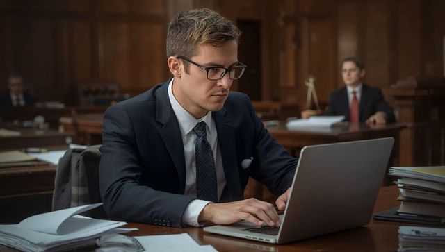 Young attorney typing on laptop in courtroom with legal documents and stacked files