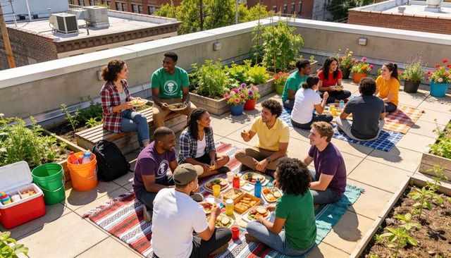 Urban rooftop community garden picnic with diverse volunteers sharing food and conversation