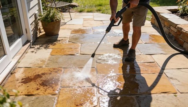 Pressure-washing flagstone patio removing dirt and stains with wand in sunny backyard