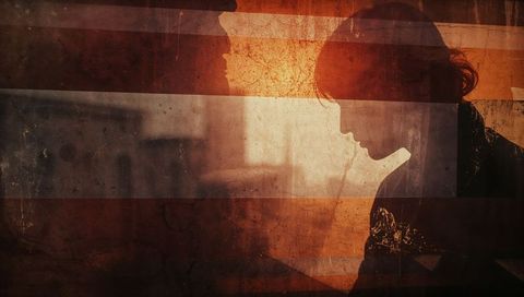 Moody Backlit Woman Silhouette on Grunge Striped Background, Vintage Textured Portrait