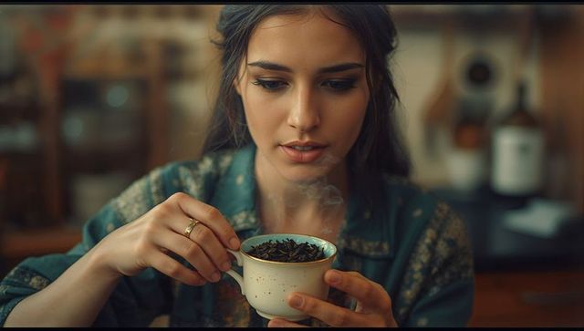 Woman Steeping Tea in Rustic Kitchen Ambiance