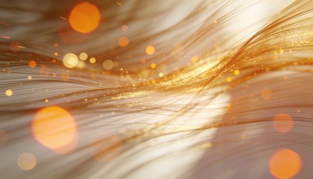 Flowing golden filaments with shimmering bokeh and warm sparkle for luxury backgrounds
