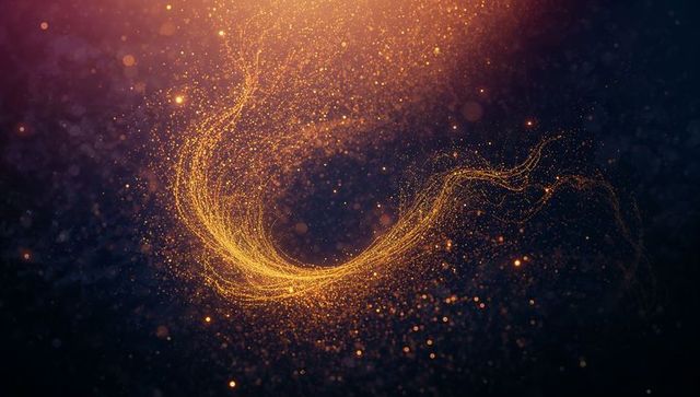 Swirling Golden Particle Ribbon Crescent Arc on Dark Indigo Gradient with Glitter