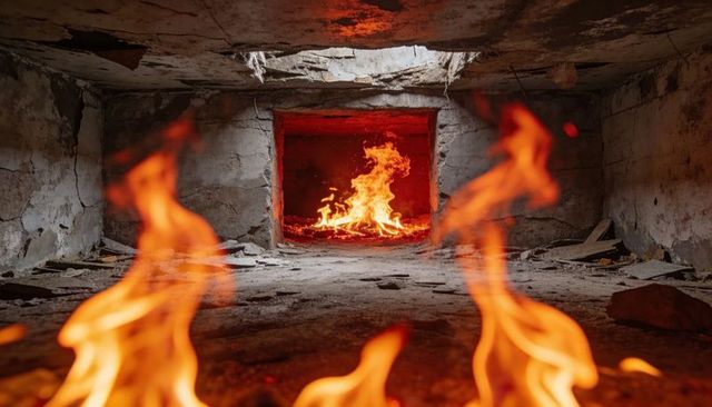 Burning concrete chamber with foreground blaze and fiery rectangular opening, cracked roof
