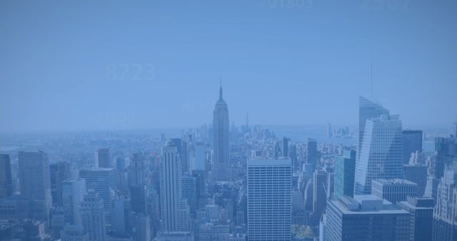 Image of modern cityscape over blue background. Global business and digital interface concept digitally generated image.