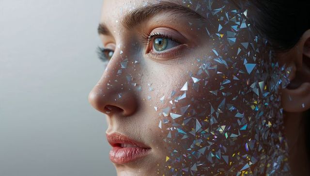 Closeup Portrait Woman with Iridescent Triangle Prism Makeup in Three-Quarter Profile