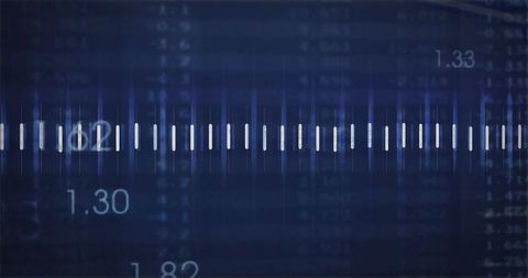 Futuristic navy data interface with central scale and white tick waveform readouts