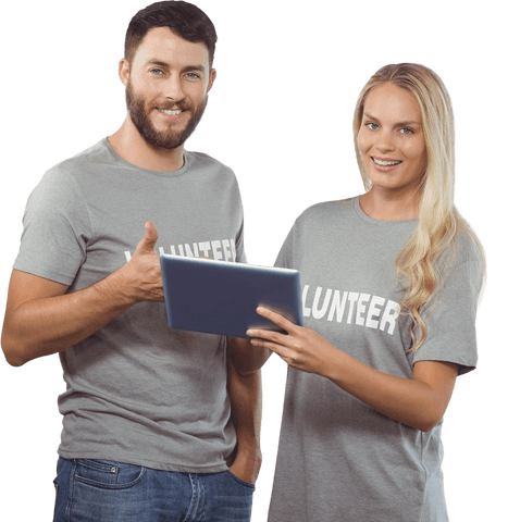 Transparent Couple Wearing Volunteer T-Shirts with Tablet