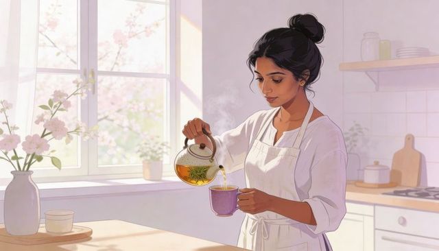 Sunlit kitchen woman pouring herbal tea from glass teapot into mug, cozy morning ritual