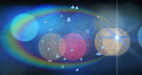 Pulsing neon connectivity sphere connecting social network icons with bokeh halo starburst