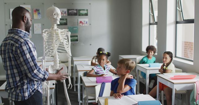 Teacher explaining the human skeleton to a diverse group of primary school students in a classroom. This image can be used for educational content, advertisements for schools or learning programs, and articles about early childhood education or teaching methods. The setting emphasizes diversity and intercultural learning in a modern classroom.