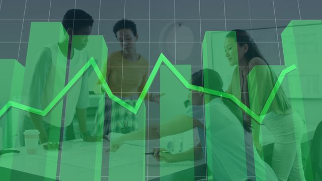 Visited by a green incresasing graph chart overlay, diverse female architects gather around a table to discuss their blueprint, symbolizing both collaboration and economic growth. Great for illustrating concepts in business, teamwork, financial planning and innovation.