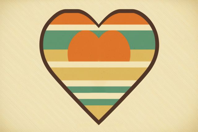 Colourful heart with stripes on pink background, created using generative ai technology. Retro, love and heart concept.