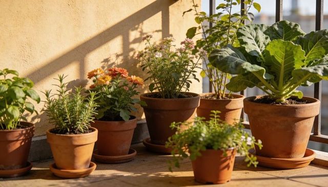 Sunlit balcony terracotta planters with cabbage, herbs and blooming flowers