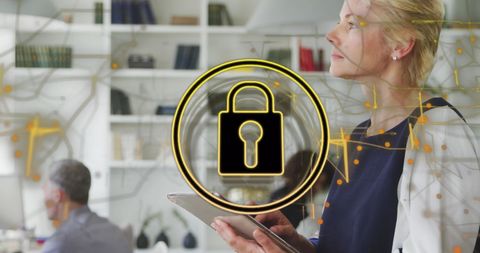 Secure office technology with businesswoman using tablet and padlock icon