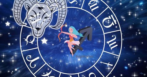 Aries Symbol with Zodiac Wheel on Starry Background