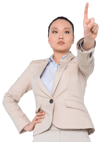 Asian Businesswoman Touching Virtual Screen, Transparent Background