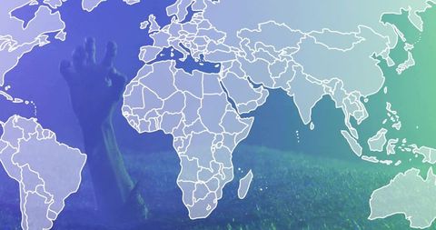 Reaching Hand Emerging from Grass with World Map Overlay, Surreal Global Reach Concept