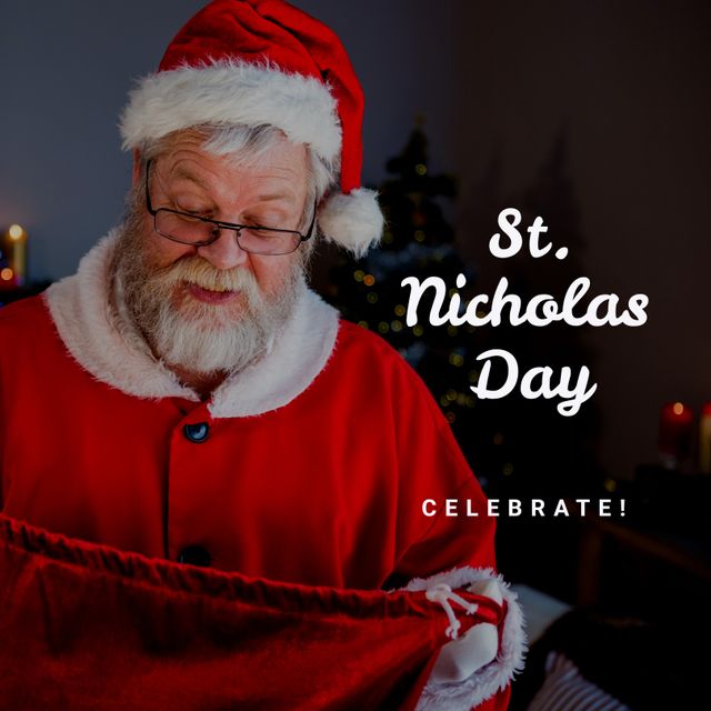 Composition of st nicholas day text over santa claus holding red present sack. Christmas festivity, tradition and celebration concept.