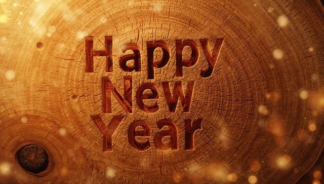Carved happy new year greeting on tree ring cross section with warm bokeh