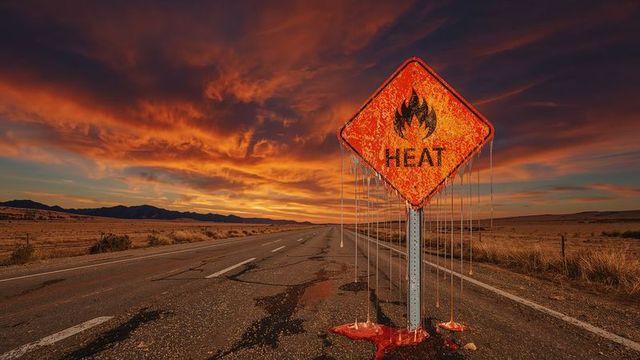 Melting heat warning sign in desert sunset