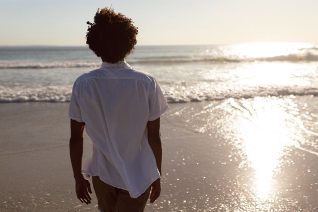 Rear view of African-american man standing on the beach in sunshine
