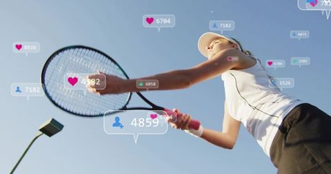 Female Tennis Player Swinging Racket with Floating Social Media Likes and Followers